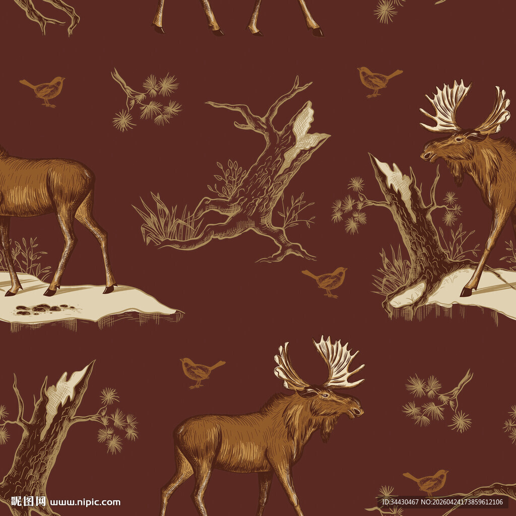 麋鹿花卉复古风无缝图案