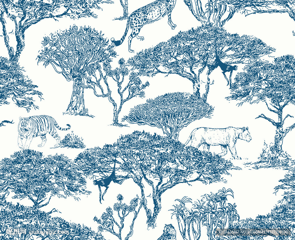 蓝白森林动物图案纹理