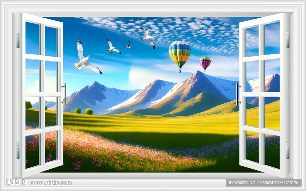雪山草原窗画