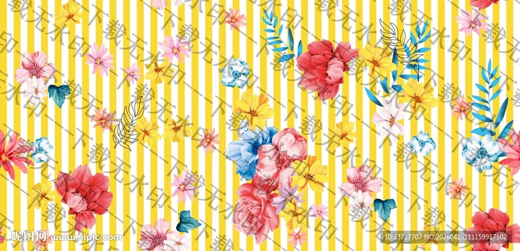 黄底花卉条纹