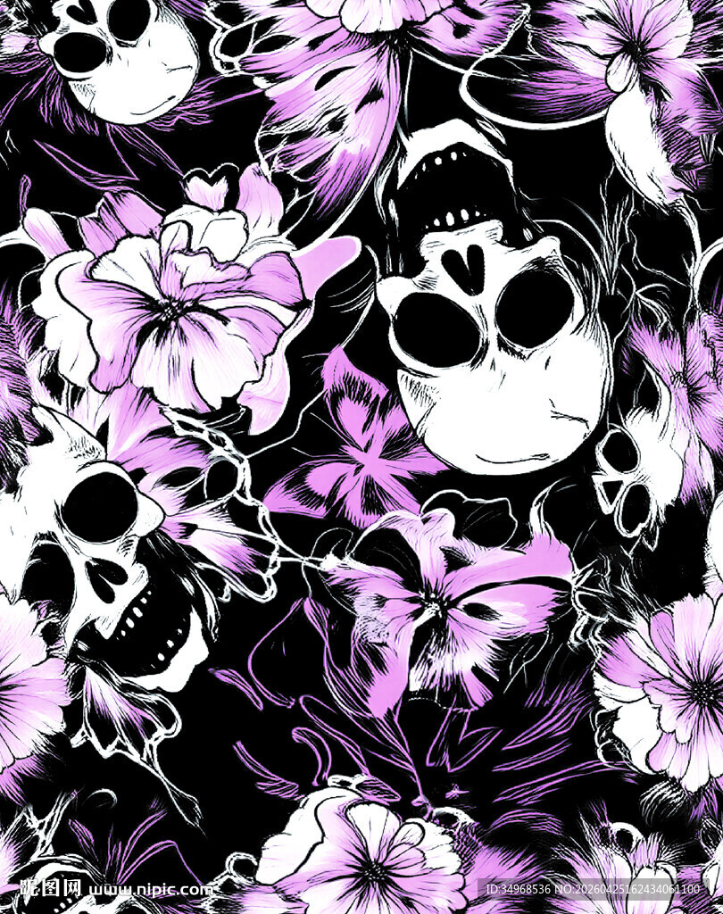 骷髅花卉图案印花设计