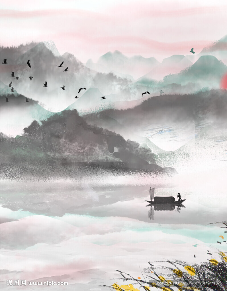 水墨山水孤舟诗意图景