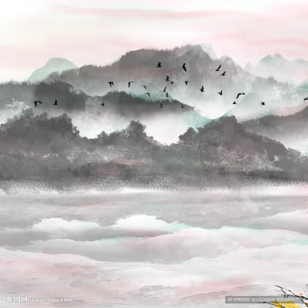 水墨山水间飞鸟翱翔