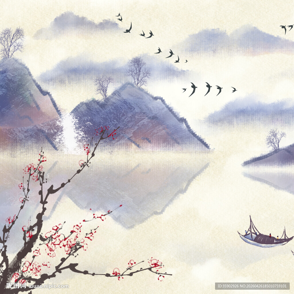 水墨山水间的春日诗意景