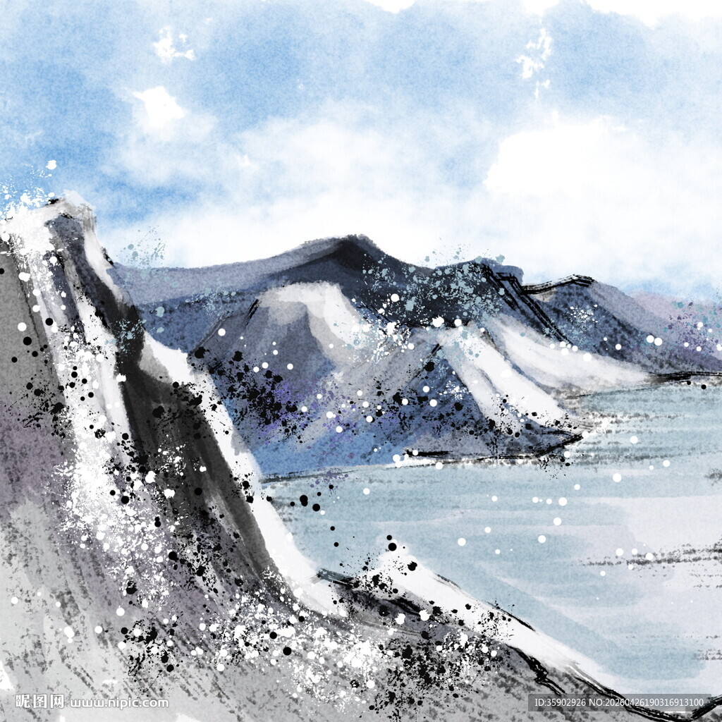 水墨风格的雪山湖泊美景