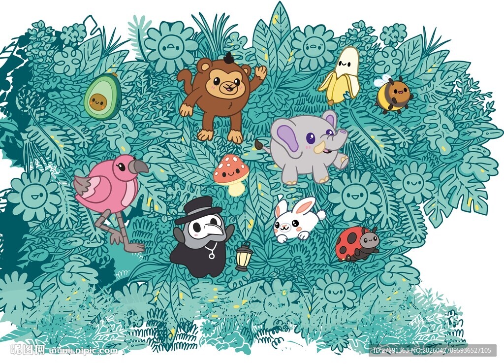 森林中的可爱动物聚会