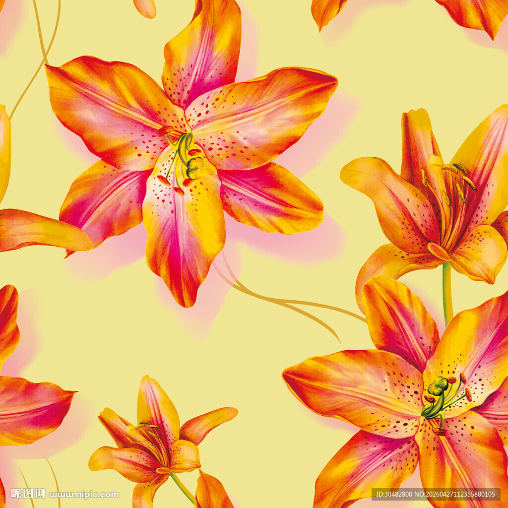 手绘橙粉色花卉无缝图案