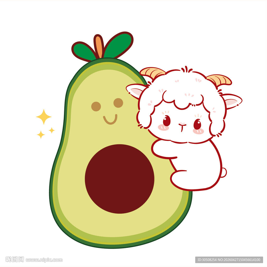 小羊依偎牛油果可爱插画