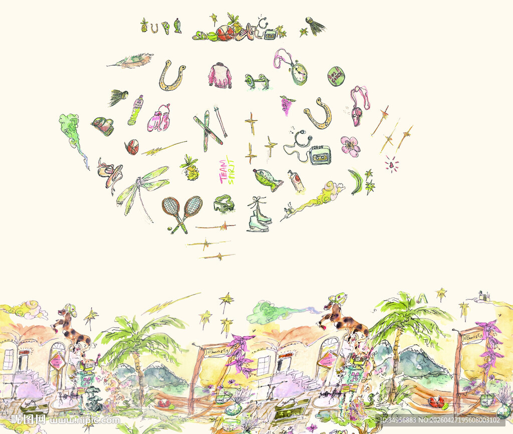 卡通风格户外植物动物图案