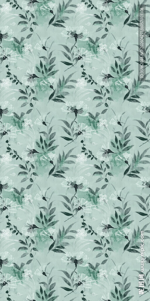 清新薄荷绿植物花纹图案