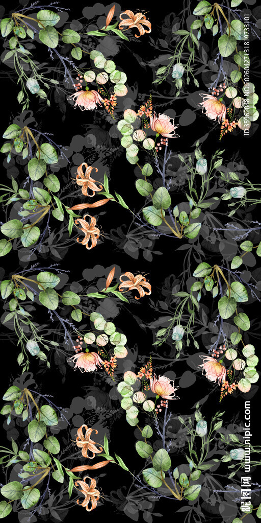 黑色背景上的绿植与小花