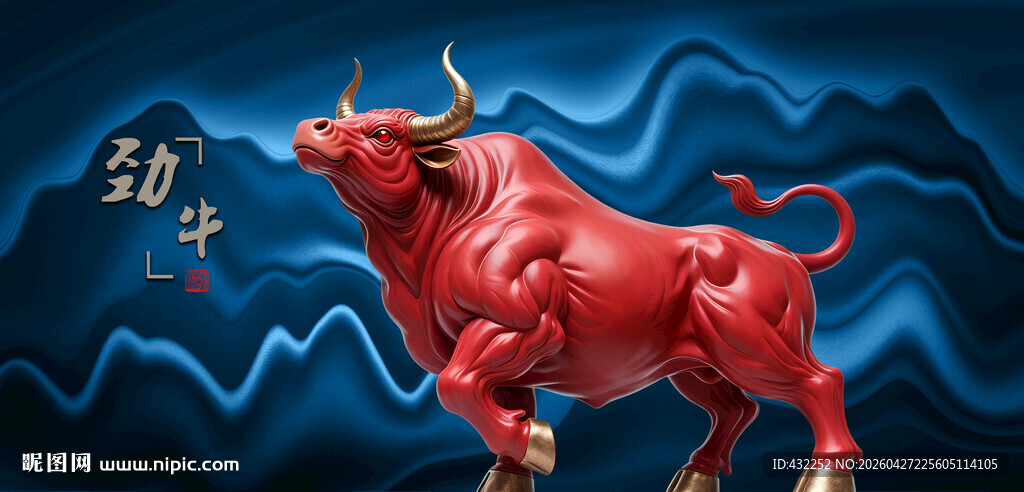 红色公牛雕塑与波动背景