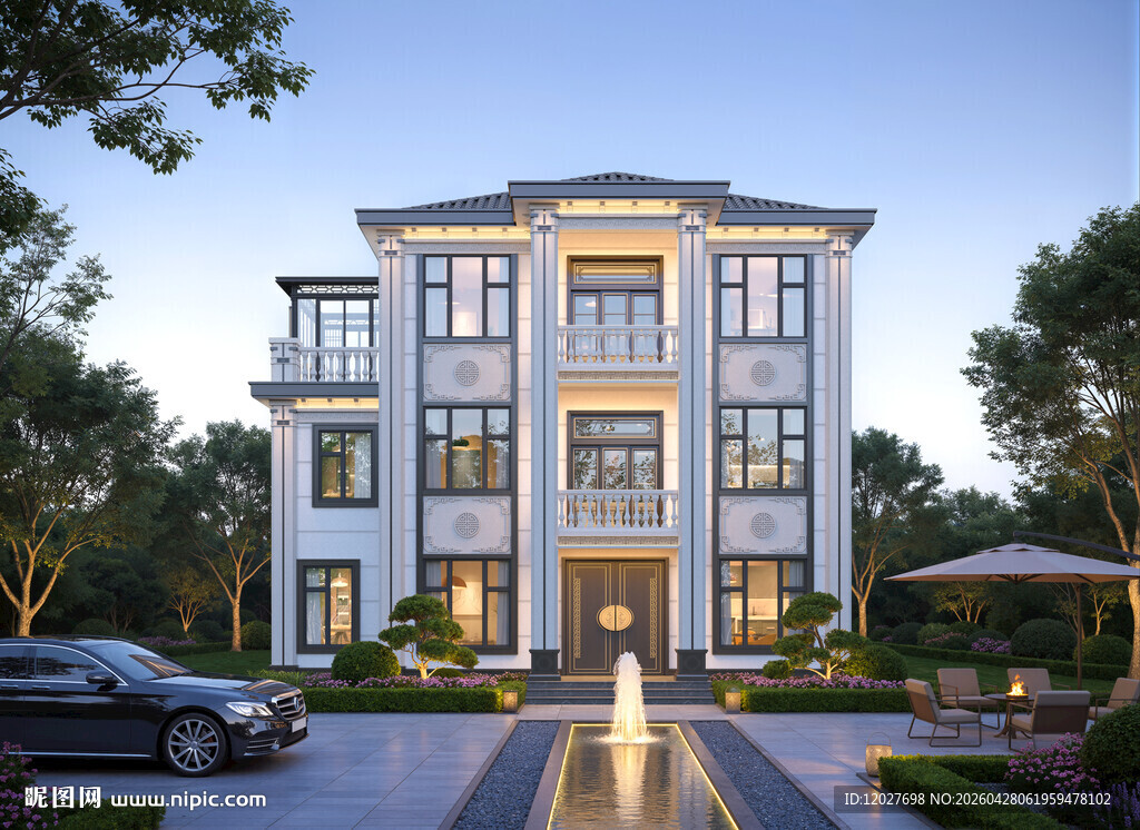 二层半三中式别墅外观设计效果图