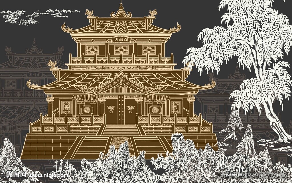 古风楼阁雪景图