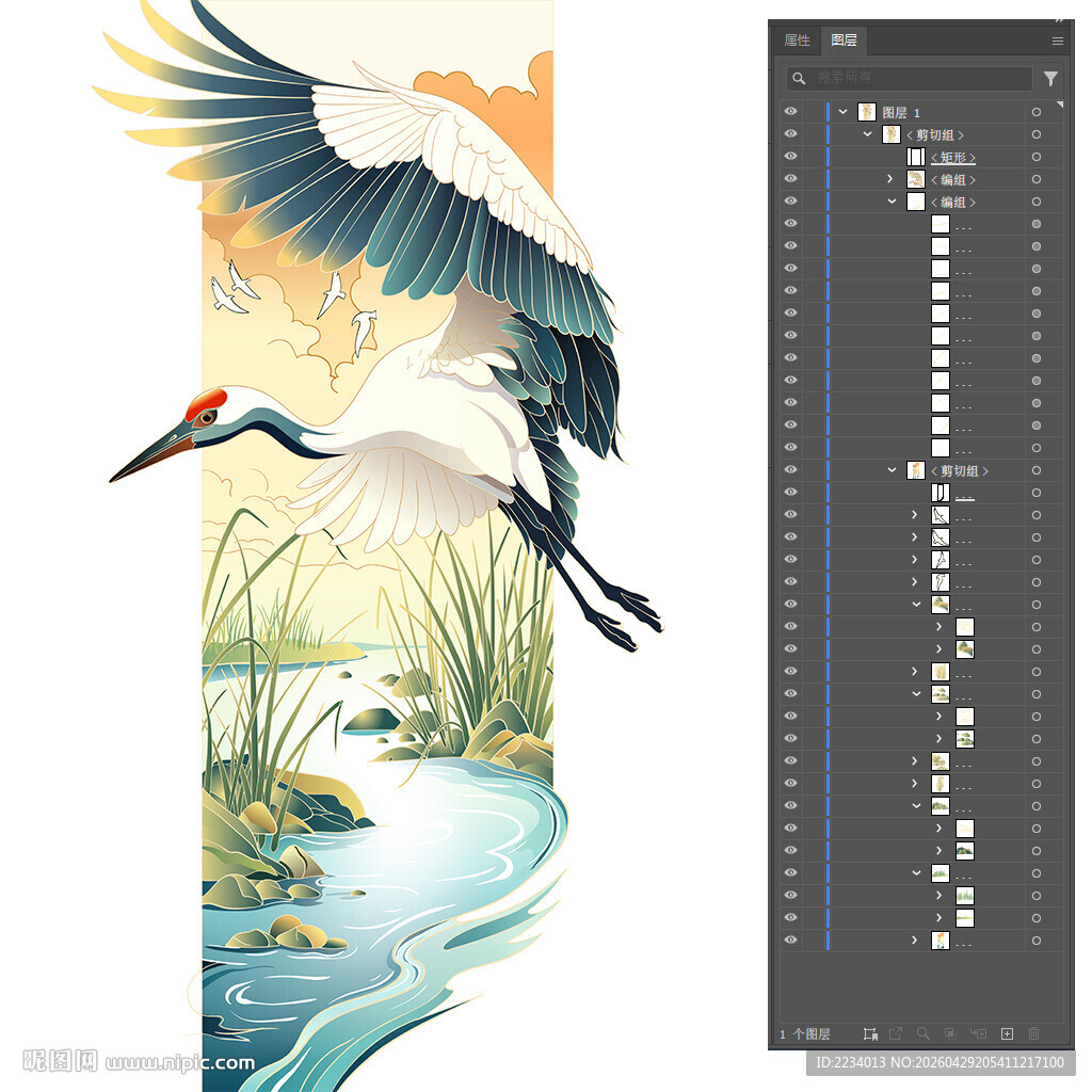 中式水墨仙鹤河畔图