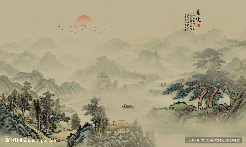 新中式中国风千里江山背景壁画