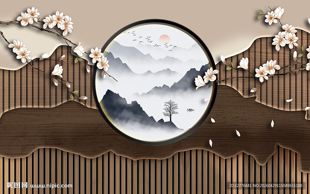 中式格栅山水背景墙