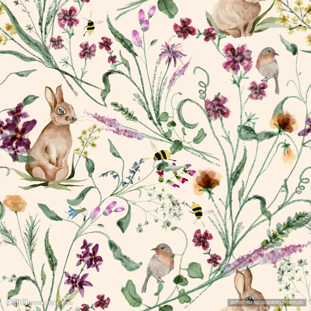 田园风花草兔子图案插画