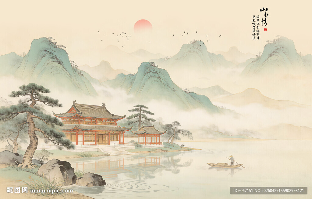 复古宋氏中古风古典山水画背景墙