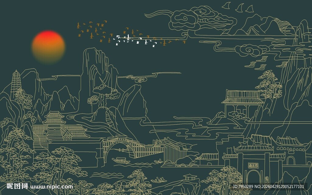 夕阳下的中式山水图景