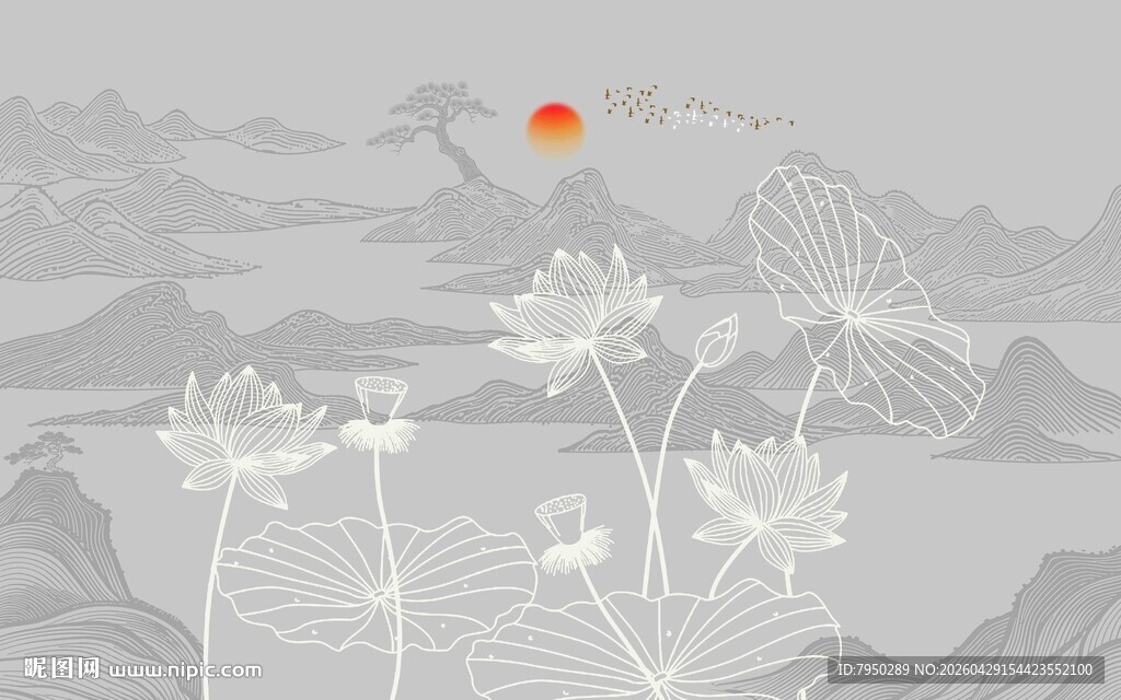 水墨荷花日出风景图