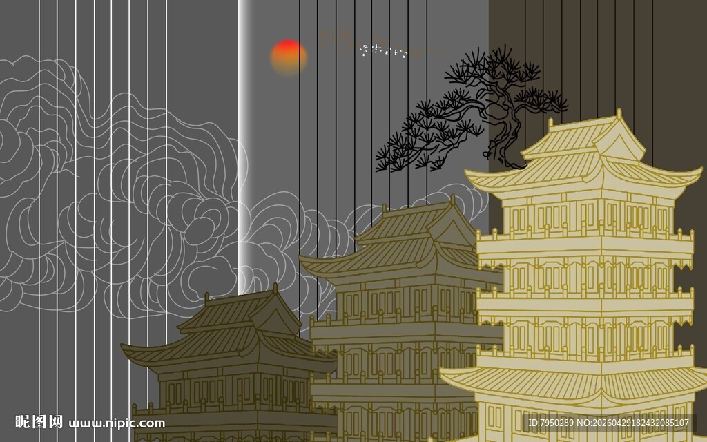 中式古建筑与松树