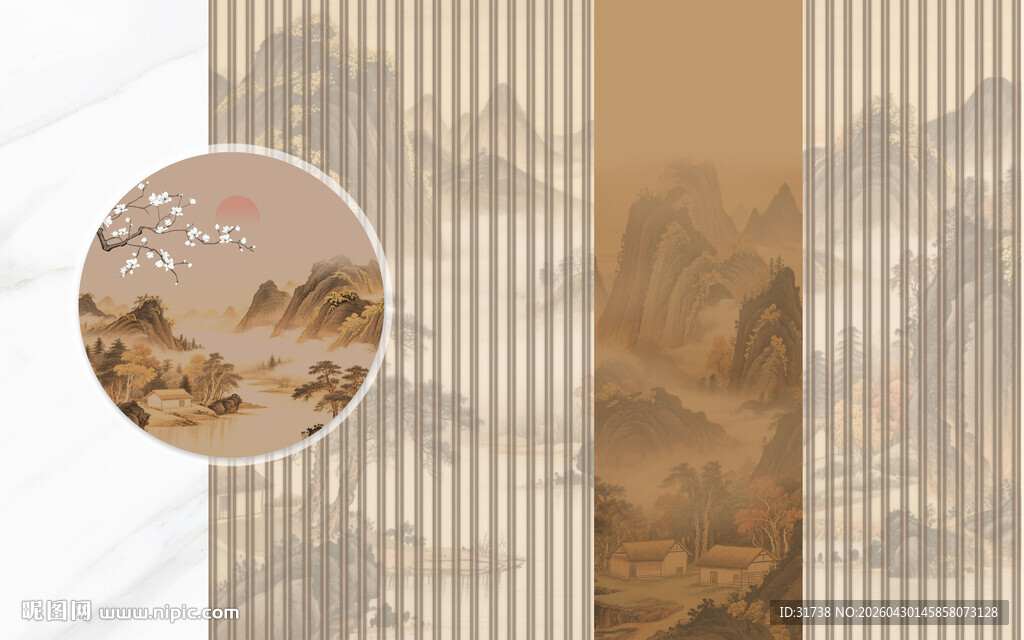 中式古风山水纹理图案壁画