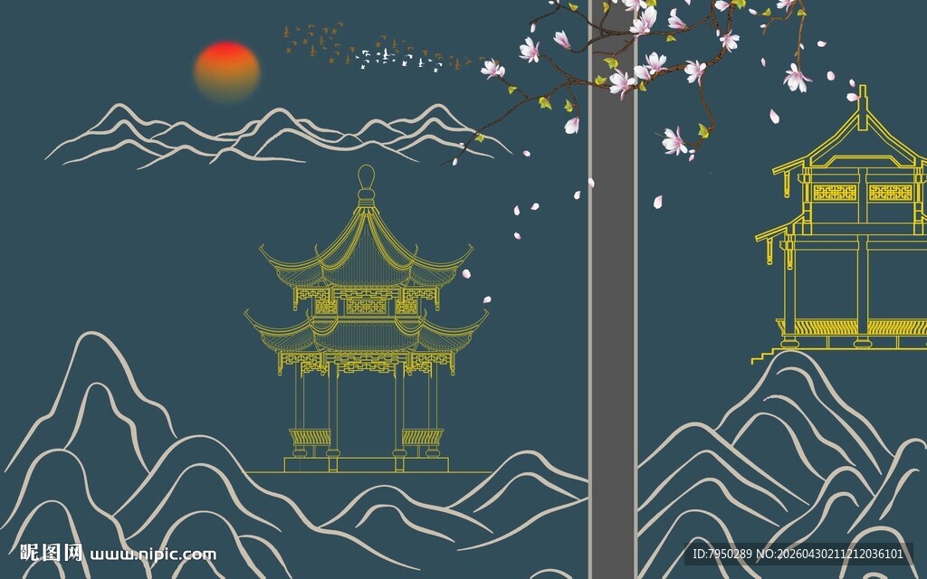 中式山水楼阁夜景图