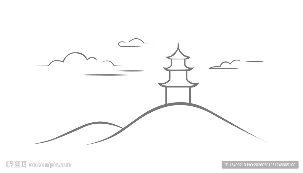 山巅古塔线条简约画
