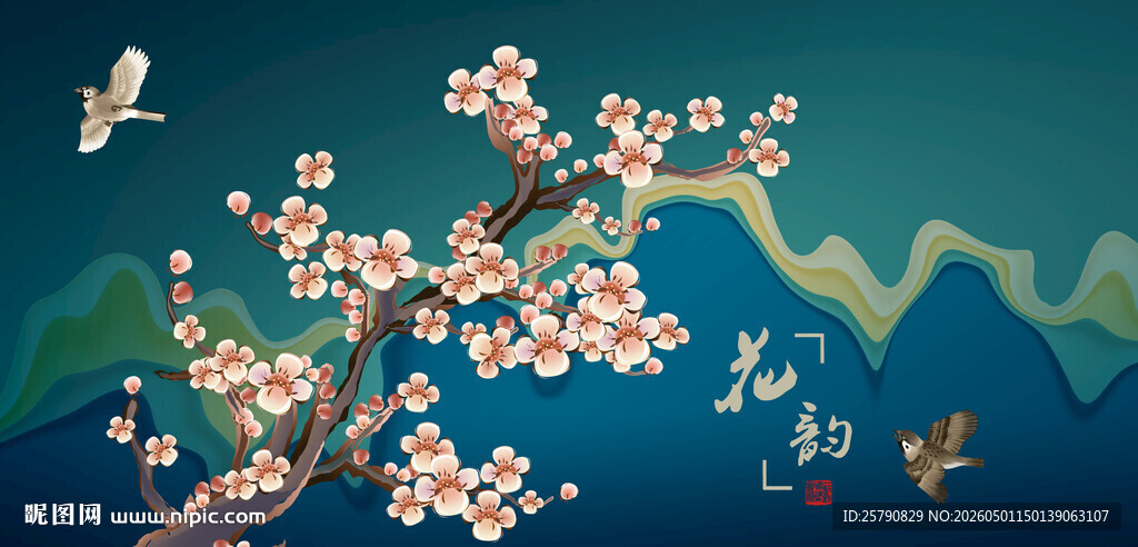 春日桃花飞鸟青山图景