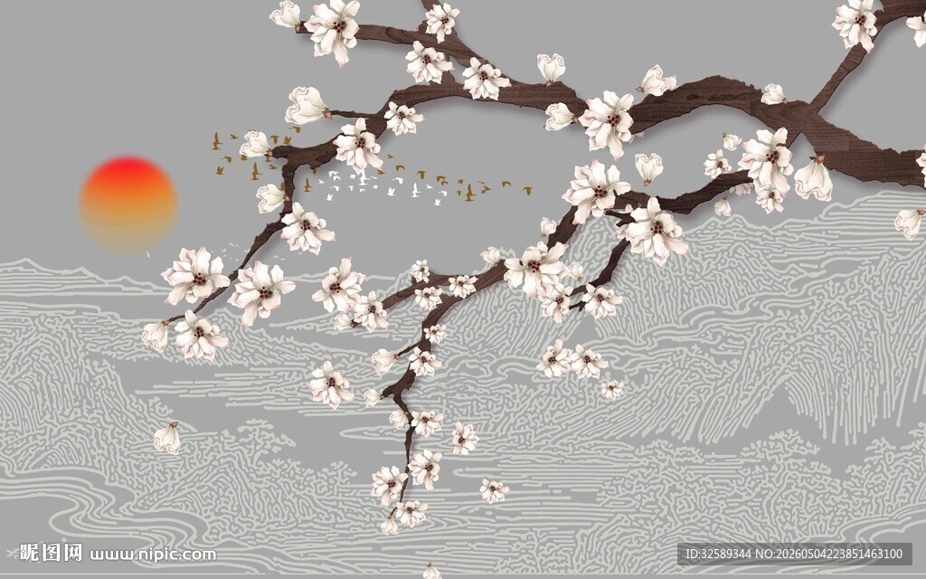 红梅映日古风美景图