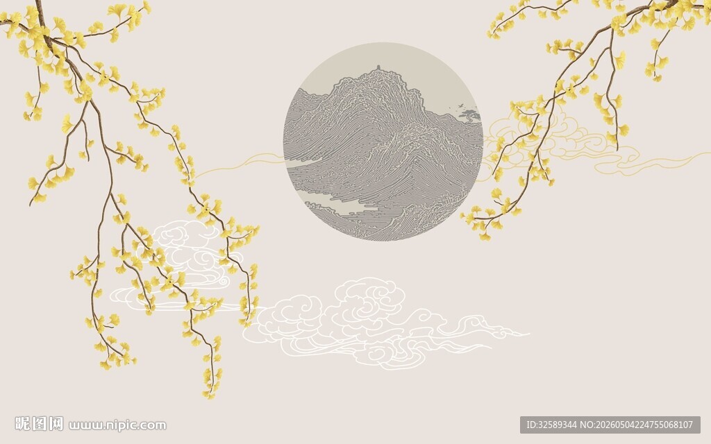 中式水墨风柳枝月亮图景