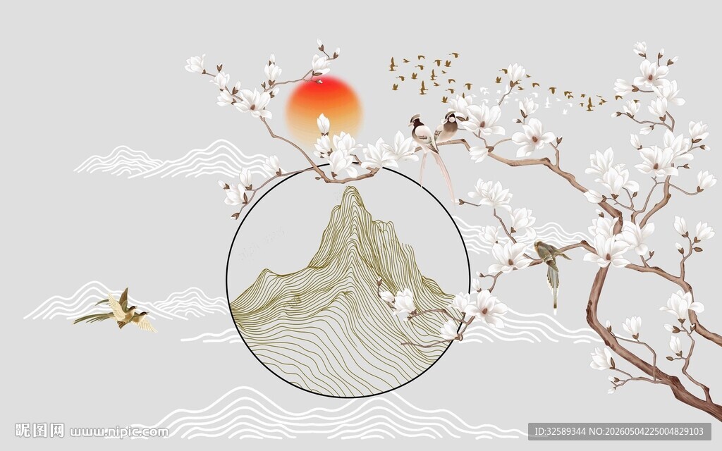 中式山水花鸟日出图景