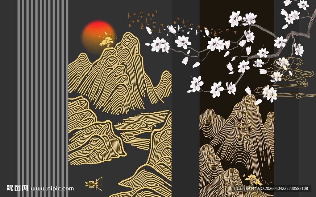 中式山水樱花风景图