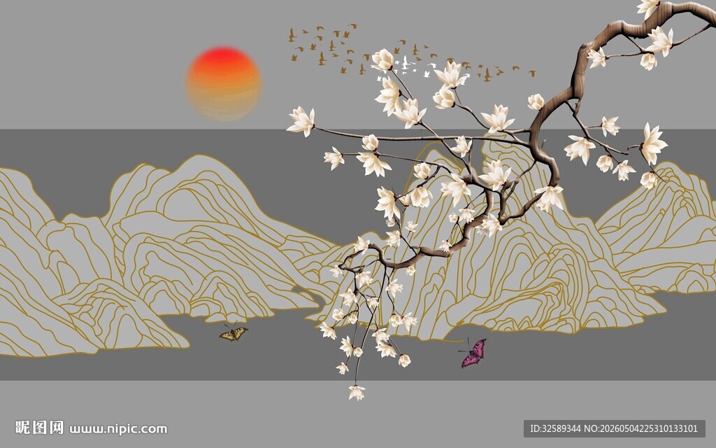 春日山水花枝图