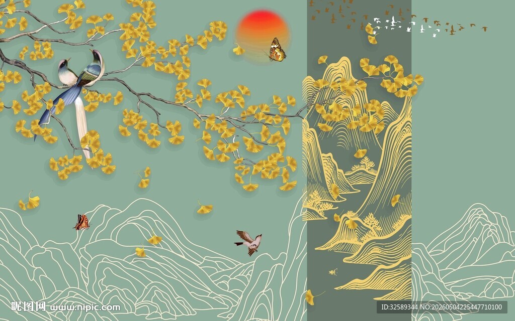 中式古风花鸟山水图景