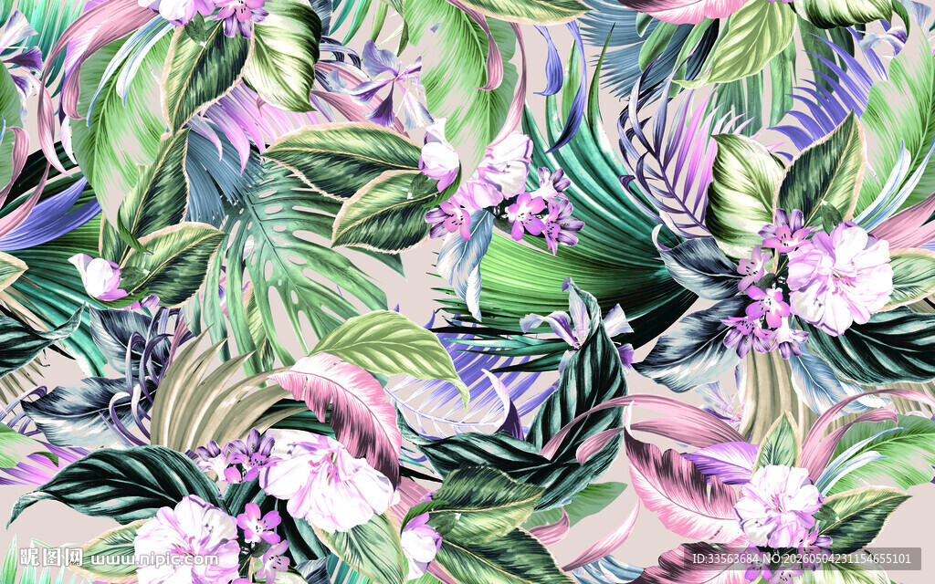 热带花卉植物水彩图案