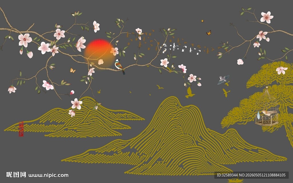中式山水花鸟落日图景