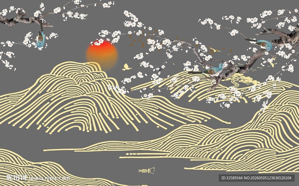 中式浮世绘风格山川景观图
