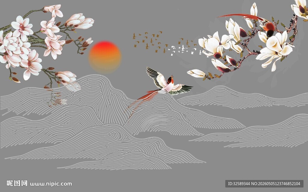 春日飞鸟伴花与夕阳
