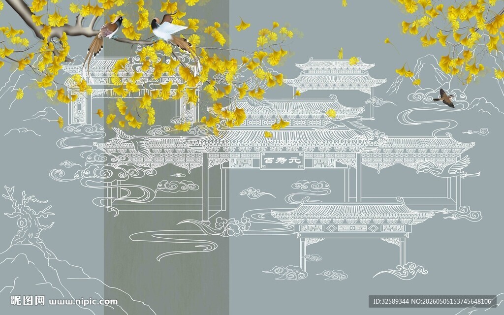 中式古风山水花鸟意境图
