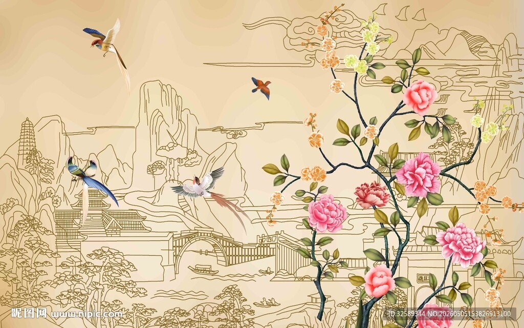中式花鸟山水图