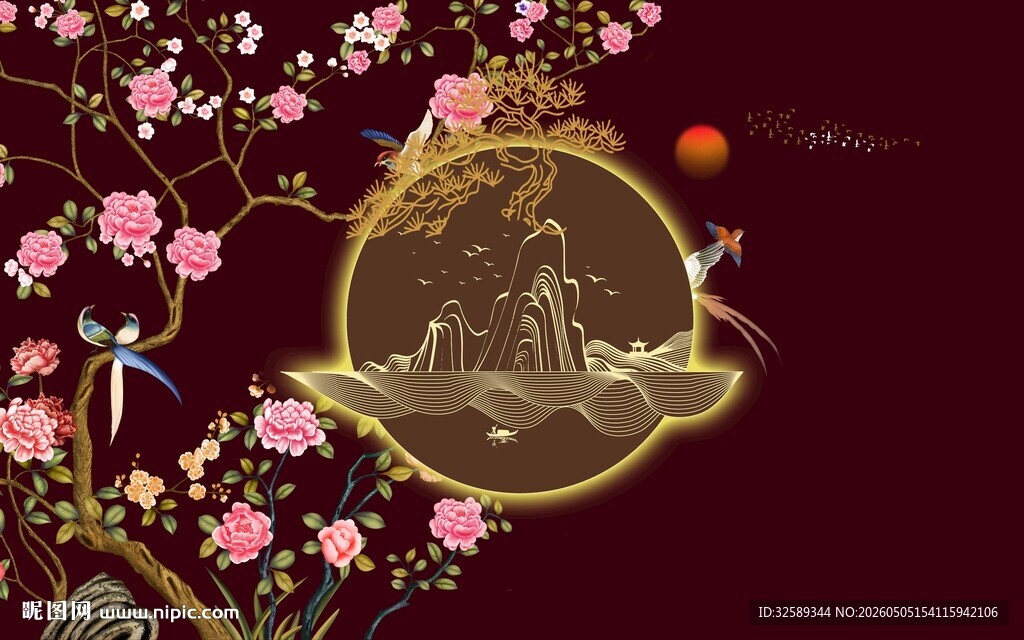 古风月夜下的花卉与飞鸟