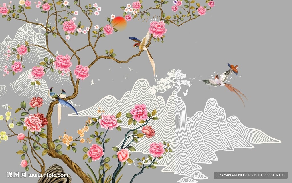 中式花鸟山水壁画图案
