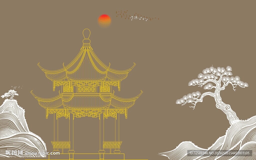 中式古风亭台山水图景