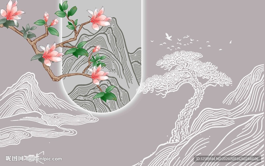 中式山水花卉意境插画