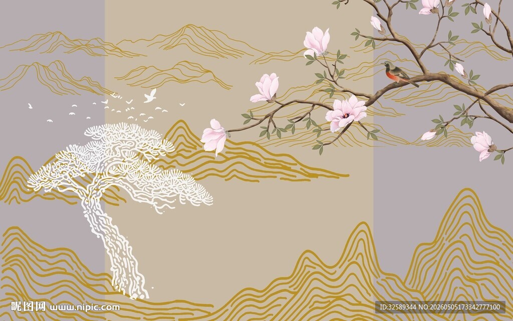 中式古风花卉山川图景
