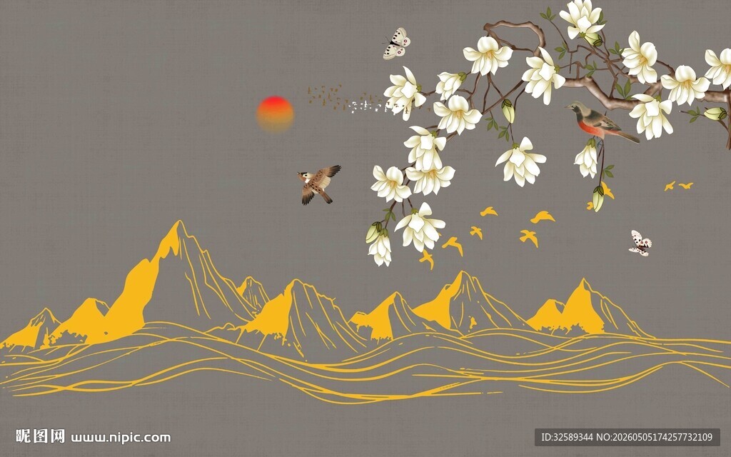 中式山水花鸟意境插画