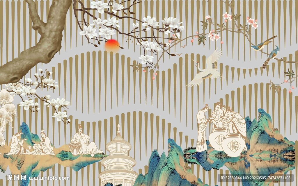 中式花鸟山水屏风插画