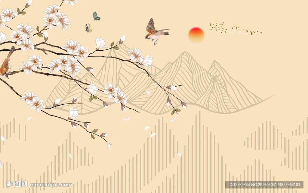 中式山水花鸟风景插画
